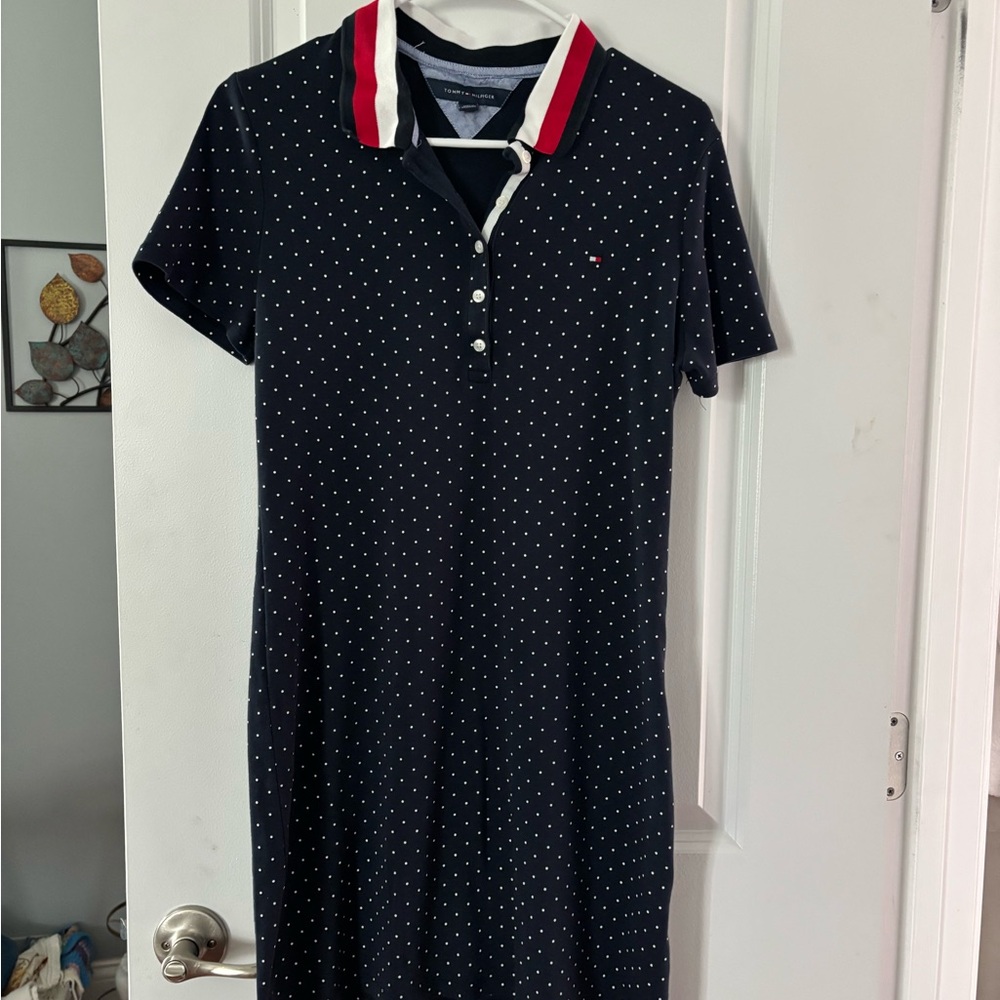 Tommy Hilfiger Navy Dress with White Dots and Red Collar